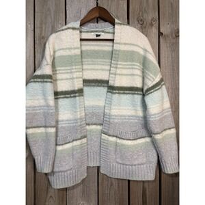 AE Soft Striped Fuzzy Cardigan 🧊 Sage + Cream Cozy Knit | Size S